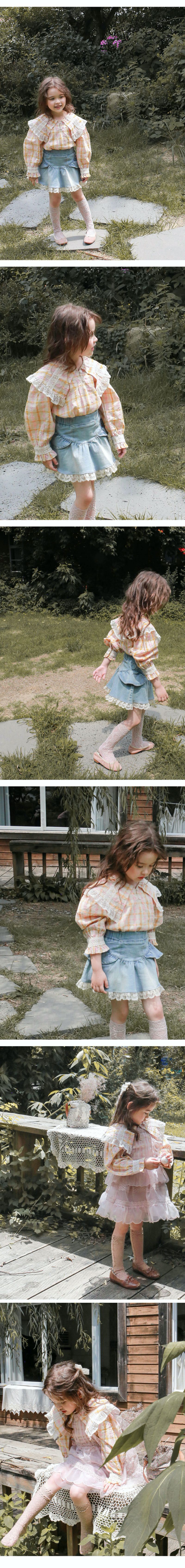 韓國 Puellaflo - 雙色格紋蕾絲點綴大翻領上衣-粉X橘格紋