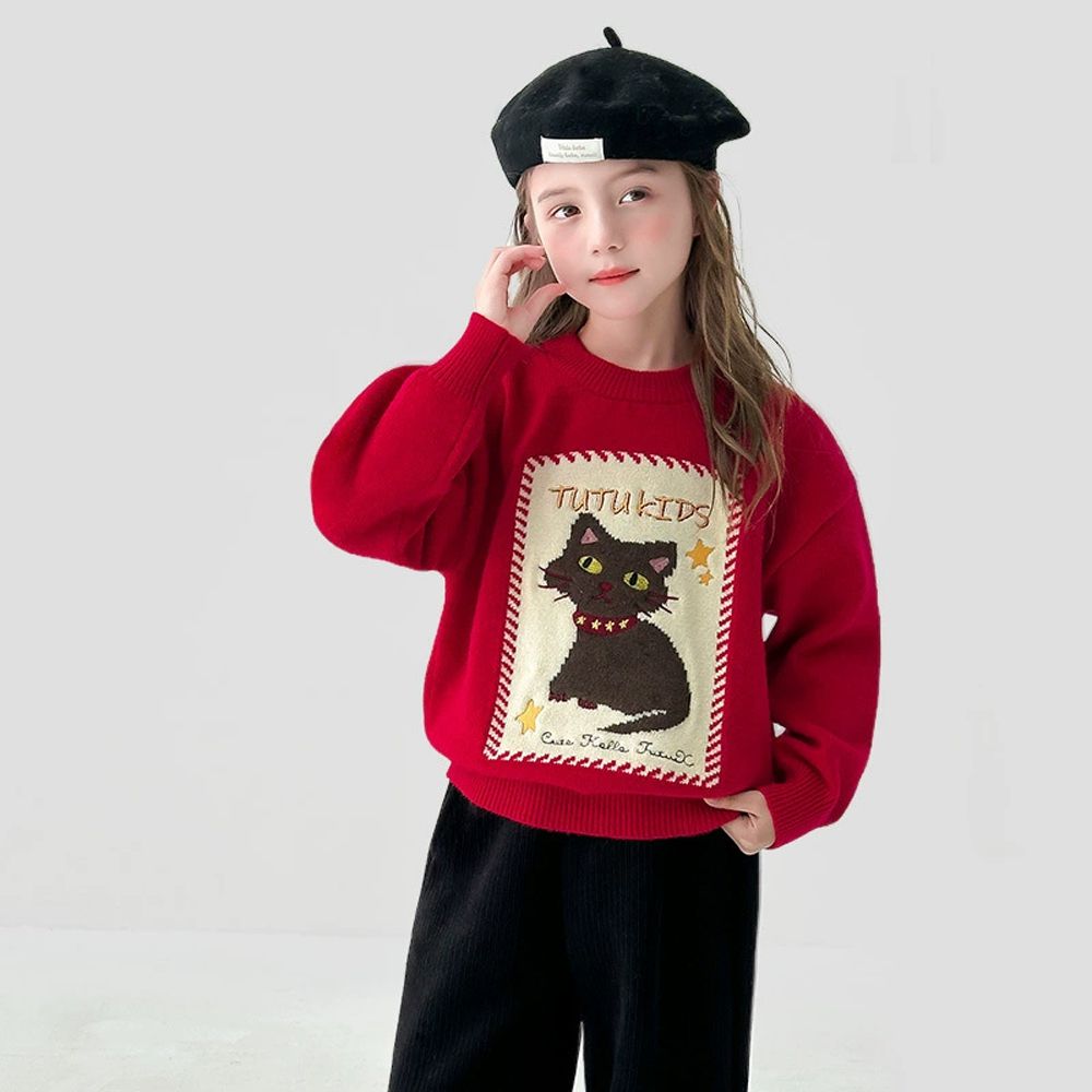 擼貓日記鬆軟緹花毛衣-紅色