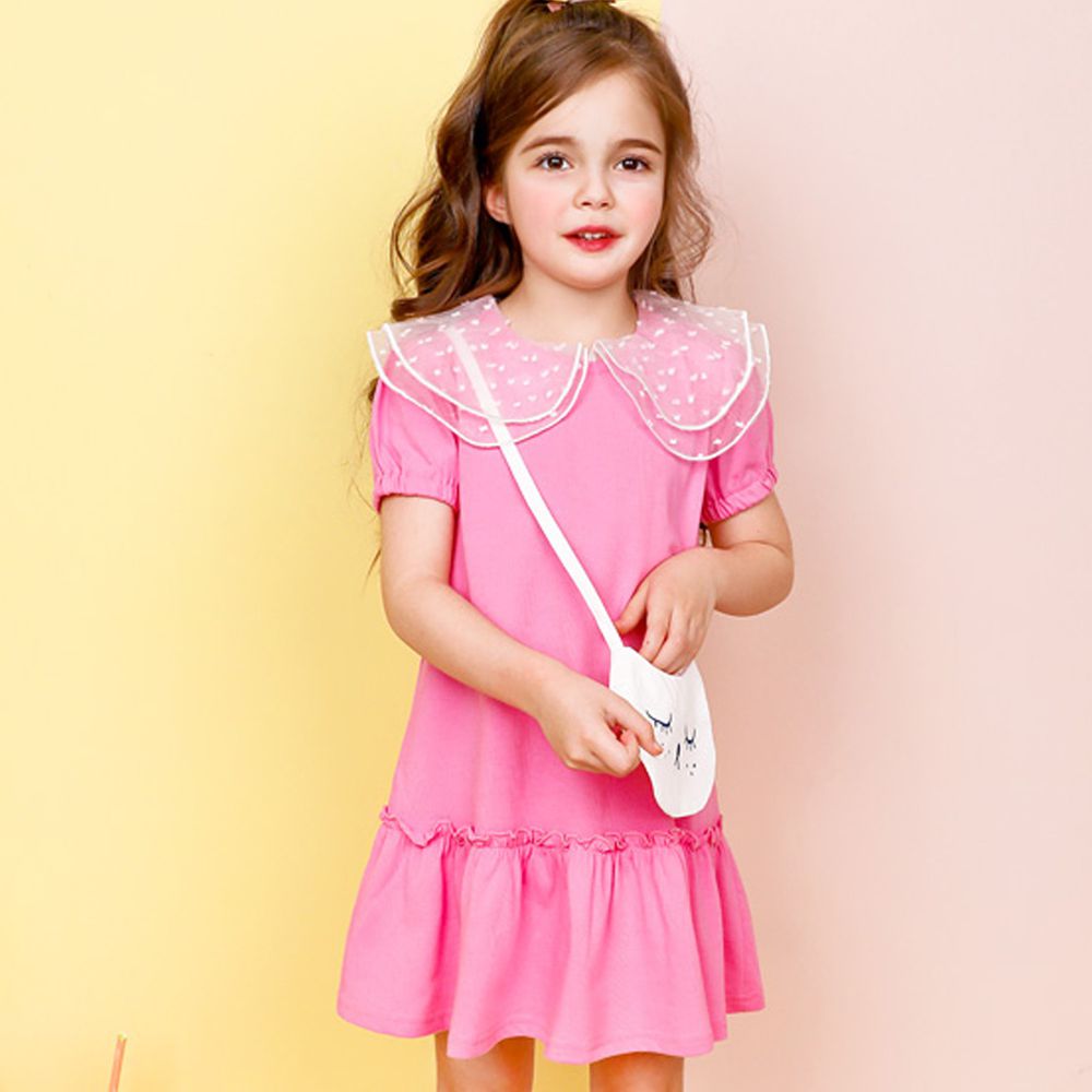 韓國 WALTON kids - (附包包)透膚蕾絲領小貓包包洋裝-亮粉紅