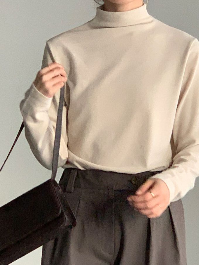 韓國女裝連線 - 百搭中領混羊毛長袖上衣-米杏 (FREE)