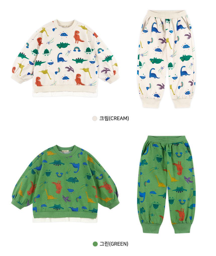 韓國 WALTON kids - 滿版恐龍圖畫圓領長袖套裝-綠