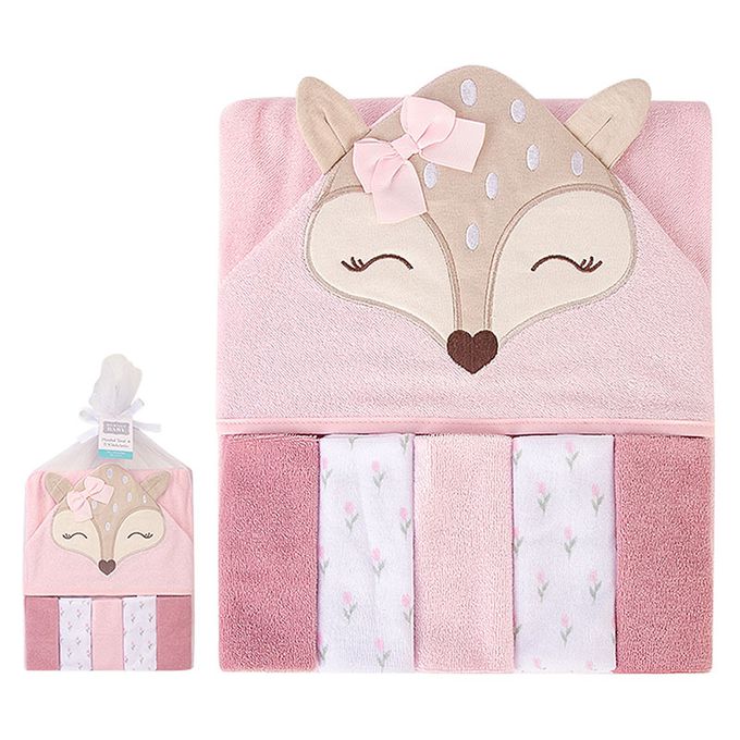 美國 Luvable Friends - 甜蜜寶貝嬰幼兒可愛動物連帽浴巾+小方巾/洗澡巾(共6入，送禮自用皆可)_76x76cm-美麗花鹿