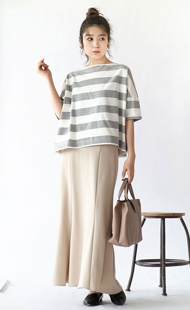 日本 zootie - 顯瘦修身設計 粗條紋五分袖上衣-灰