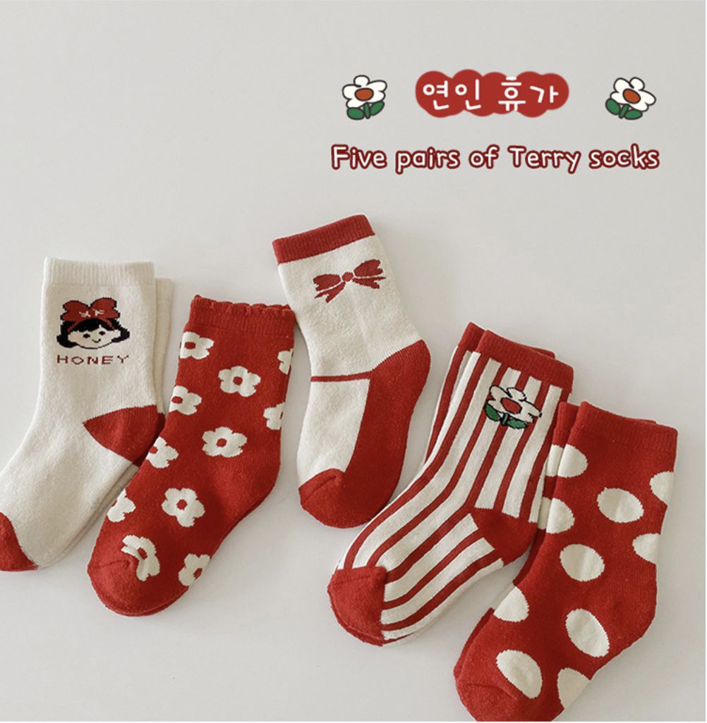 love, charlotte - 冬季紅色系可愛女孩毛圈內裡厚棉襪 ( 5雙一組）