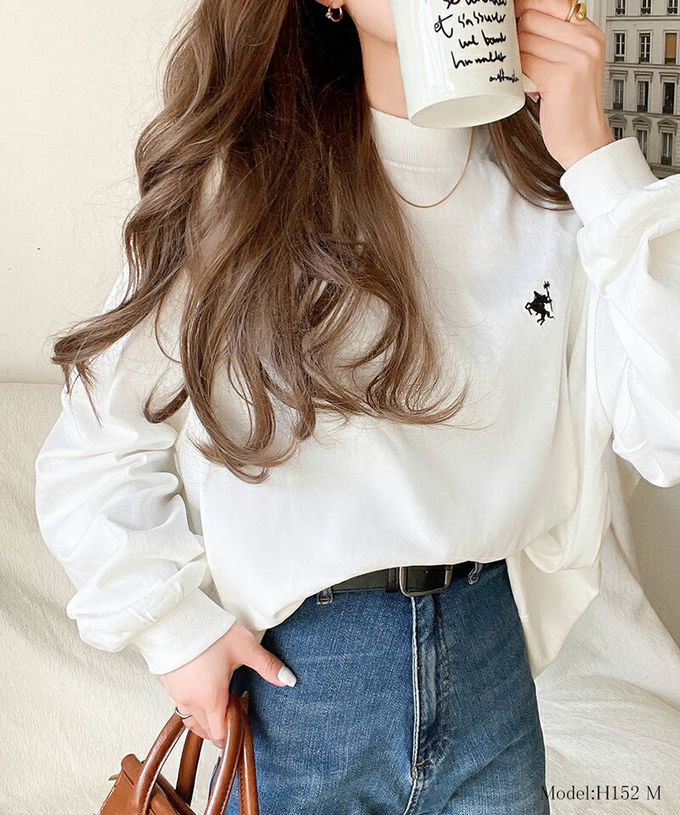 日本 Classical Elf - 百搭logo刺繡微立領長袖上衣-黑條紋-白底