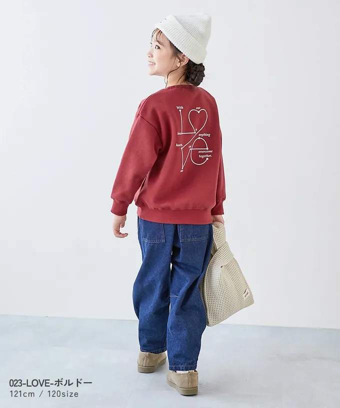 日本 devirock - 熱銷定番 裏起毛女孩印花大學長袖上衣-袖子愛心-白