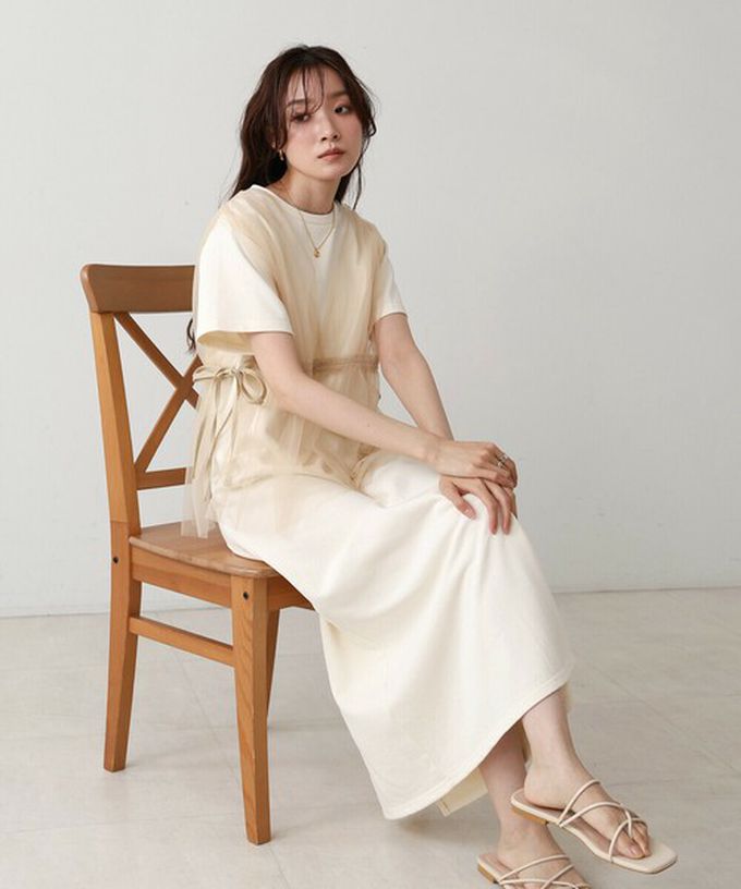 日本 Bab - 層次設計感薄紗拼接短袖洋裝-象牙