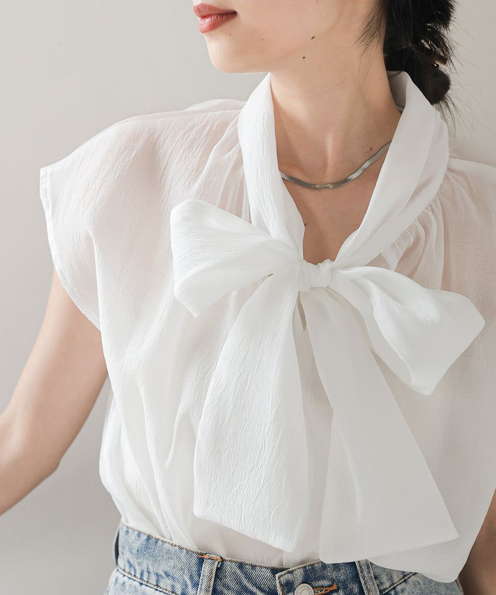 日本 Bab - 歐根紗紐結法式袖上衣-白