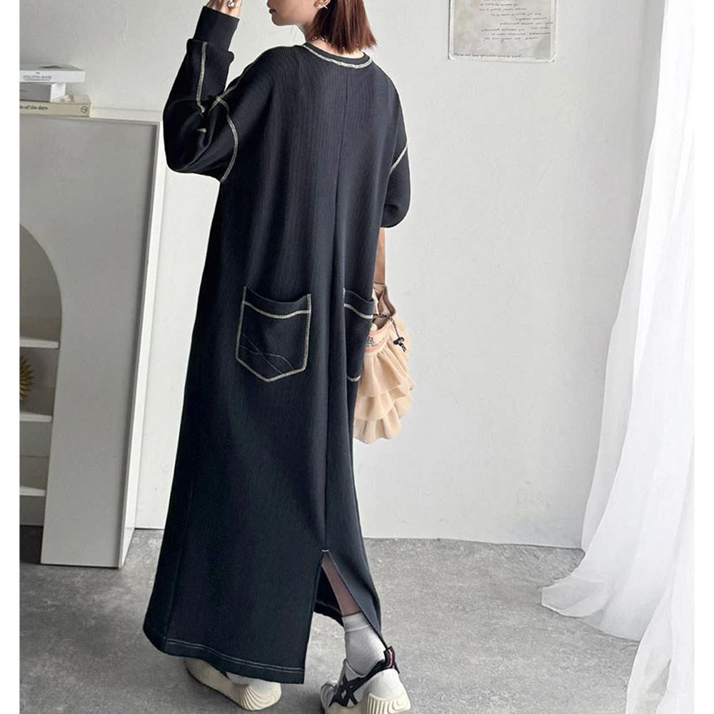 Java 俏麗縫線大口袋長袖洋裝-海軍藍