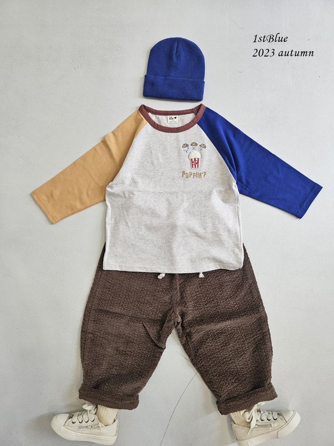 韓國 First Blue - 美味爆米花印長袖上衣-黃橘X燕麥X寶藍