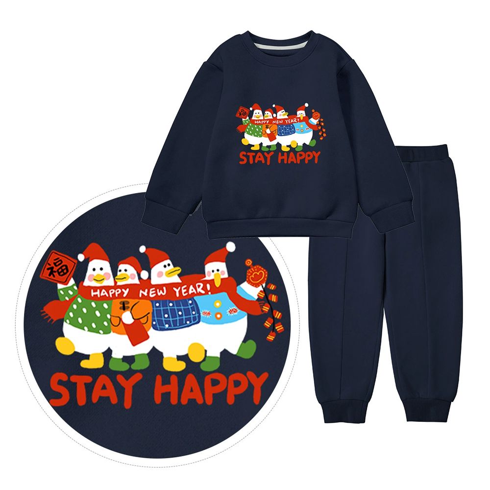 內刷絨長袖上衣+長褲套裝-好運黏黏-藏青