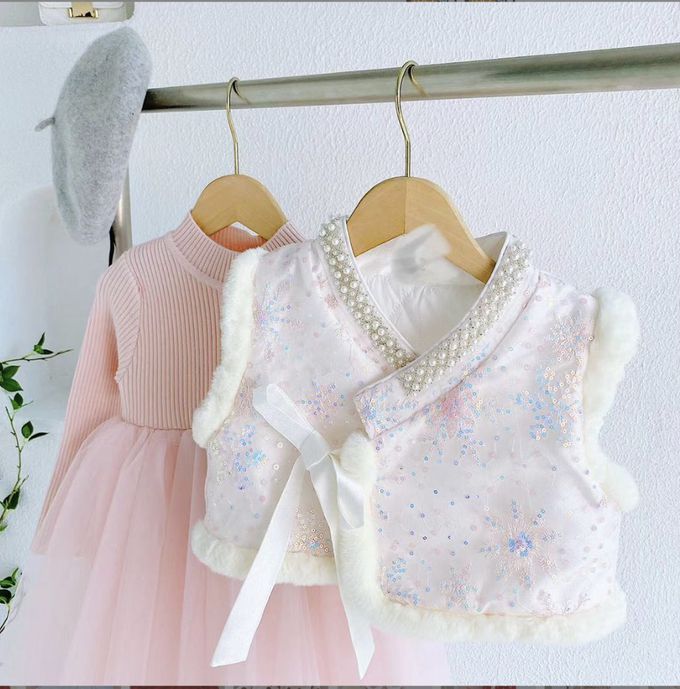 love, charlotte - 冬季冰雪刺繡亮片棉襖背心公主洋裝-背心+洋裝+珍珠髮箍