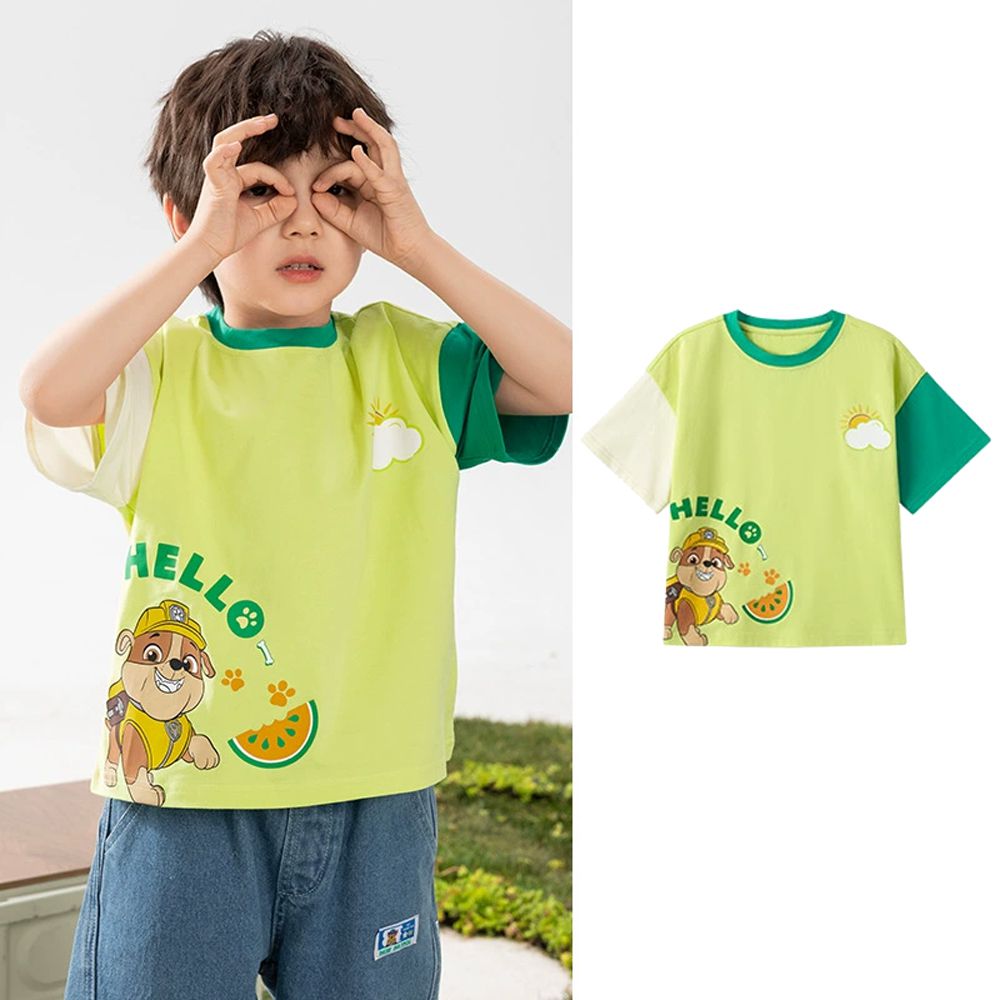 卡通汪汪隊撞色短袖上衣-卡通人物小礫-淺綠