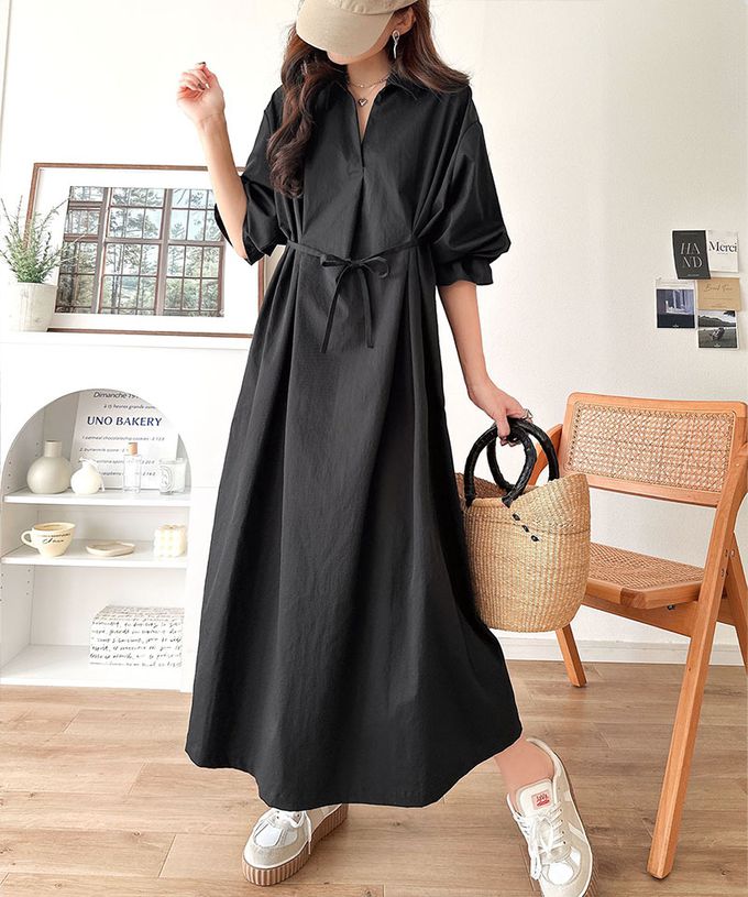 日本 Classical Elf - 糖果袖束腰修身立領長袖洋裝-卡其