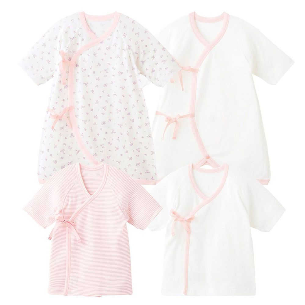 日本 Combi - mini系列-純棉7分袖內衣4件組-肚衣*2蝴蝶裝*2-粉邊 (50-60)