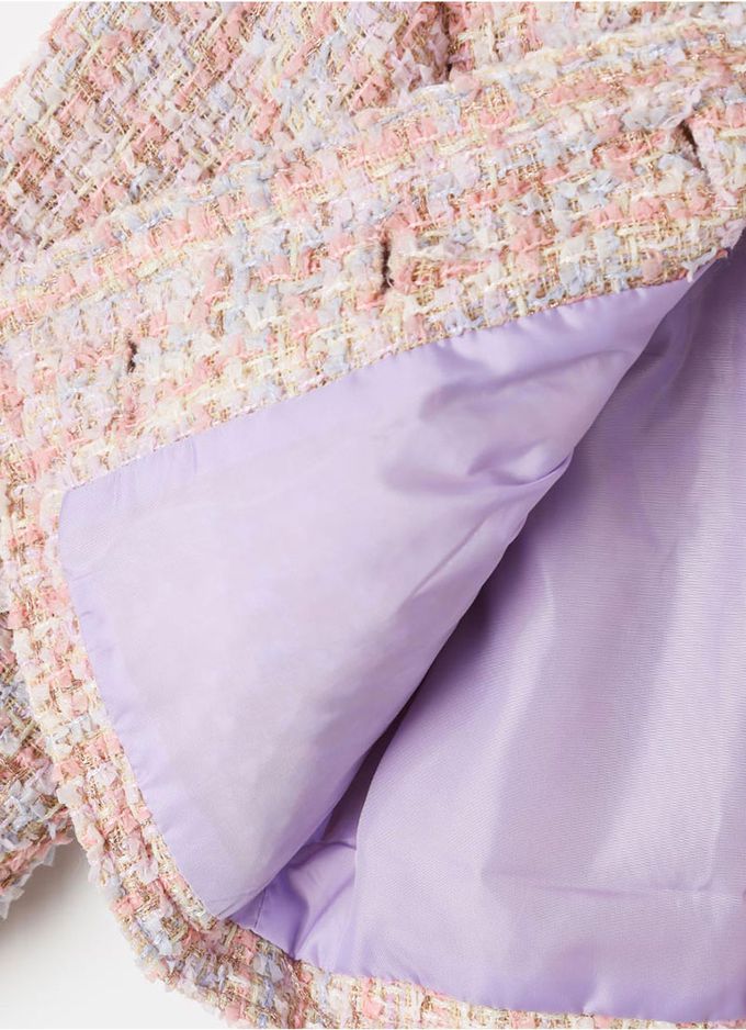 韓國 OZKIZ - 小香風珠扣無領編織外套-粉紫