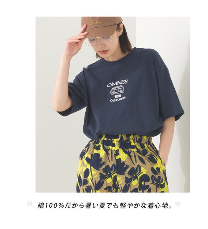 日本 OMNES - 純棉印花休閒短袖上衣-加州露營車-深藍