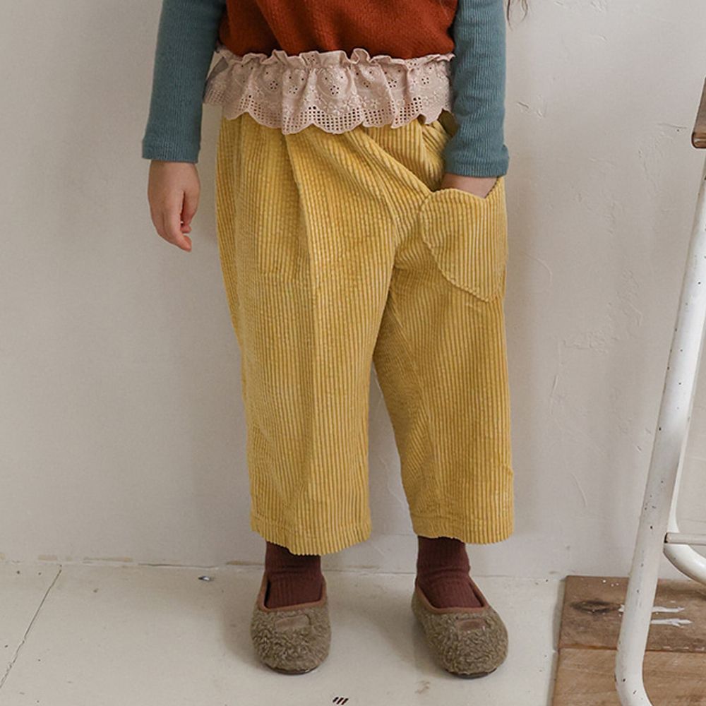 Puellaflo 鬆緊腰愛心口袋燈芯絨長褲-芥末黃