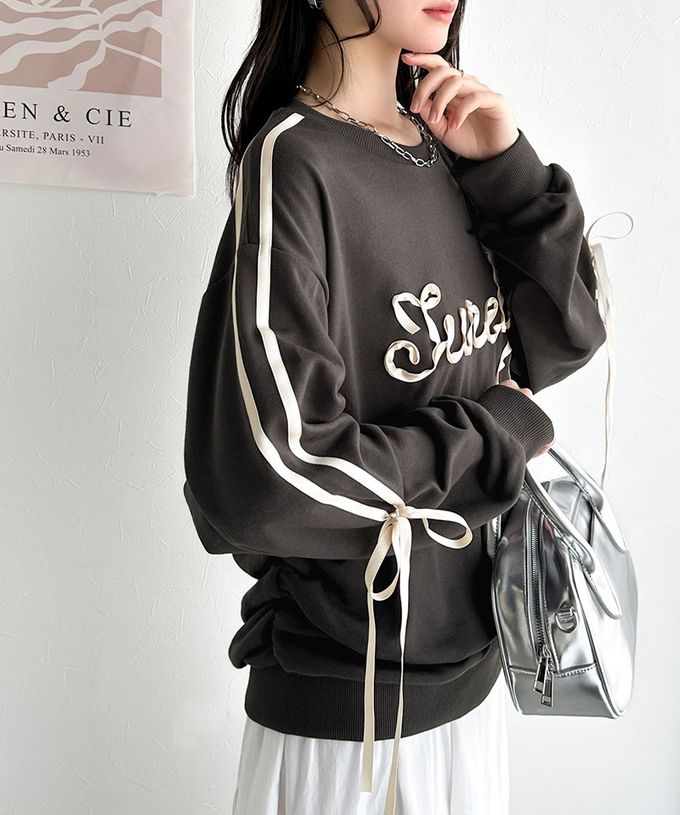 日本 Classical Elf - mily bilet 甜美袖蝴蝶結立體logo上衣-白緞帶-炭灰