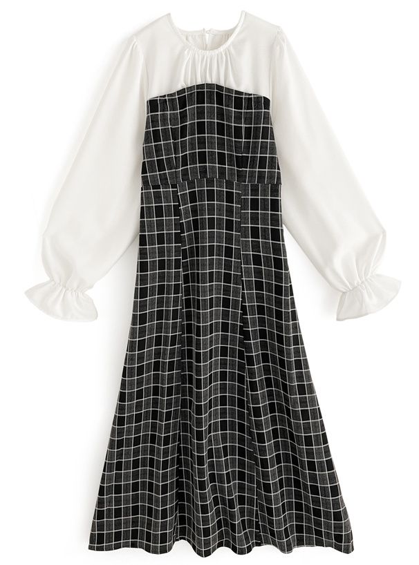 日本 GRL - 斗篷領格紋拼接兩件式洋裝-黑