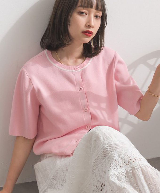 日本 ELENCARE DUE - 法式質感配色五分袖針織開襟衫-粉紅x白
