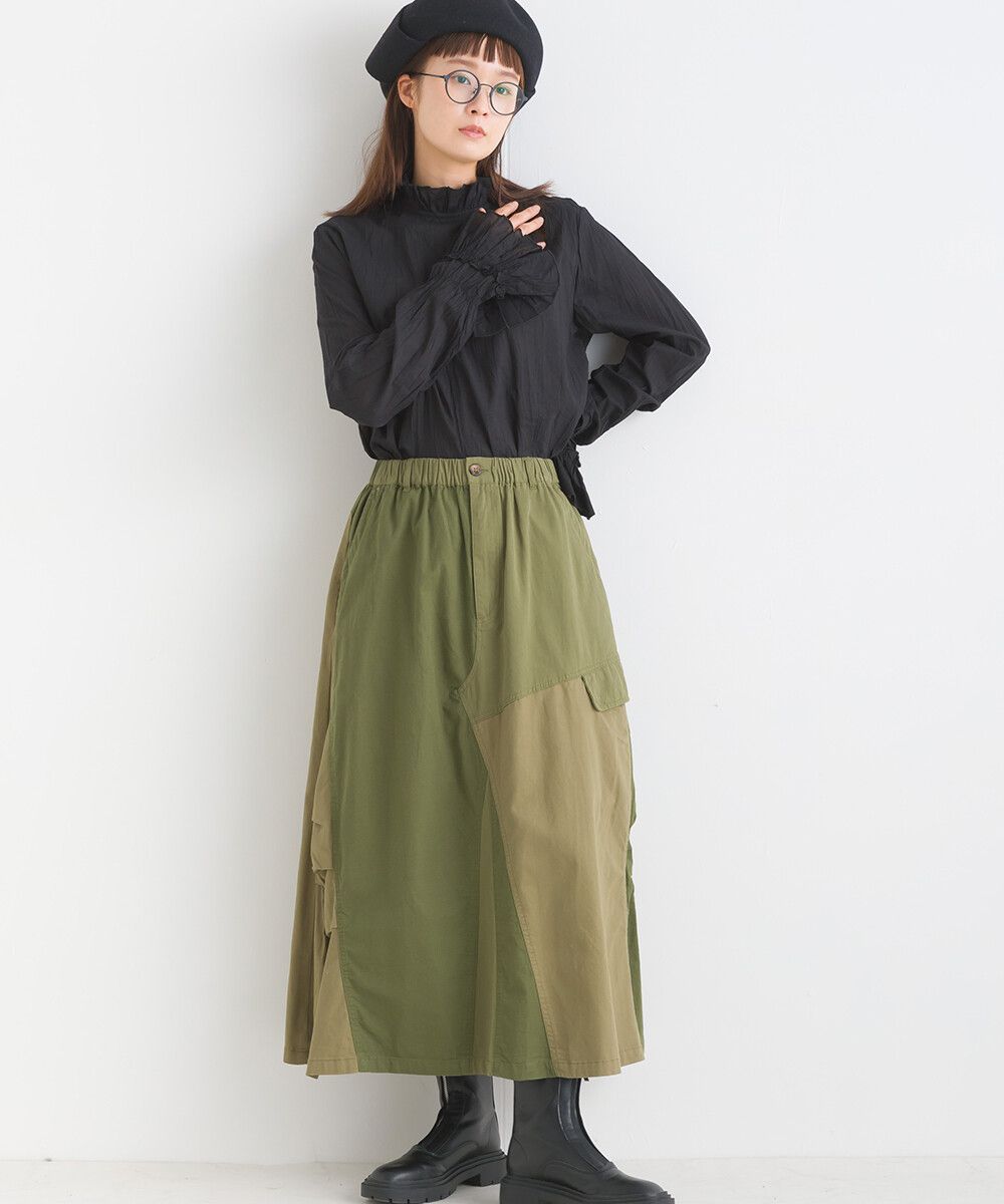 日本女裝代購 - 休閒風口袋拼接百搭長裙-軍綠
