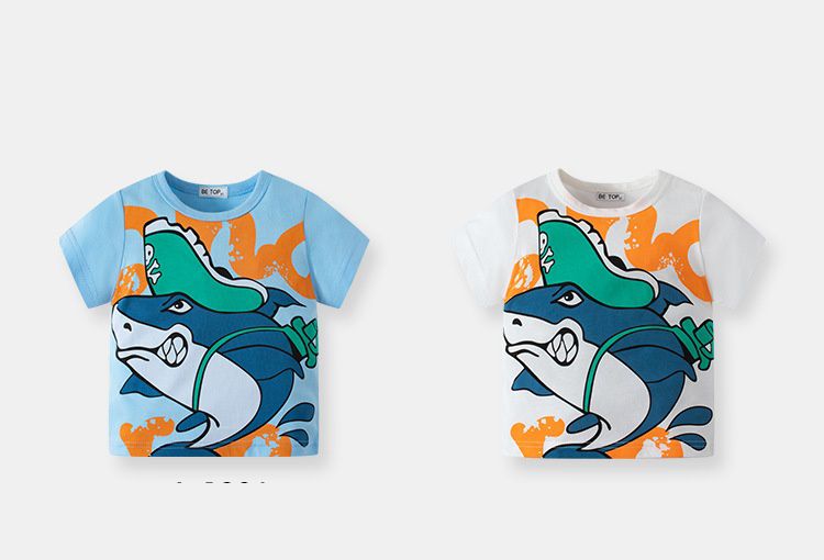 BE TOP - 純棉短袖上衣-海盜鯊魚-藍色