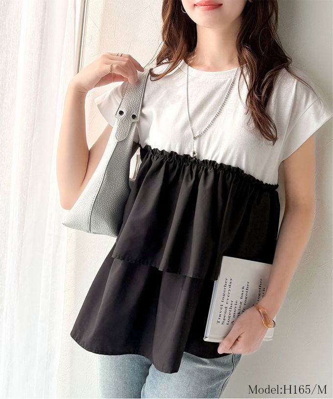 日本 Classical Elf - 浪漫不對稱拼接荷葉短袖上衣-炭灰