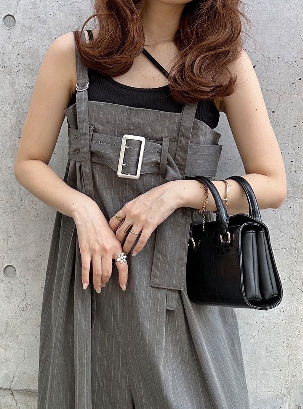 日本 GRL - 時尚酷甜感條紋吊帶褲-石墨灰 (F)