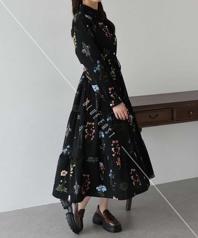 日本 BLUE EAST - [人氣款]簡約抽繩收腰長袖洋裝-撞色袖-摩卡