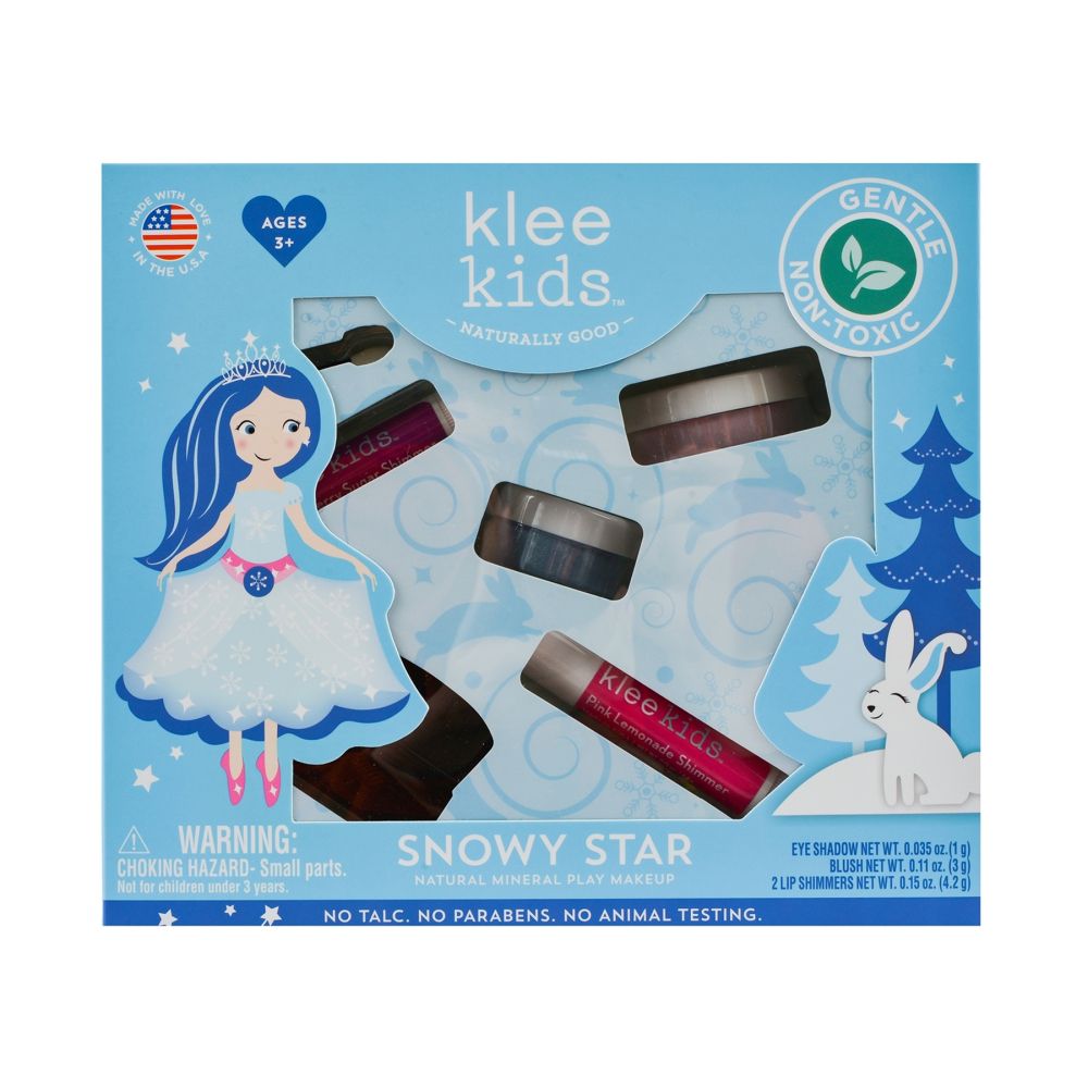美國 Klee Kids - 冰雪明星彩妝組-海洋藍礦物眼影盒(1g)+甜心粉礦物腮紅盒(3g)+粉檸檬亮光潤唇膏(4.2g)+寶貝紅亮光潤唇膏(4.2g)+雙頭眼影棒+腮紅刷(共6件)
