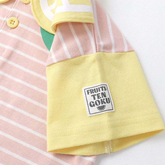 日本 ZOOLAND - 水果造型領天竺棉短袖上衣-檸檬條紋-粉紅x白