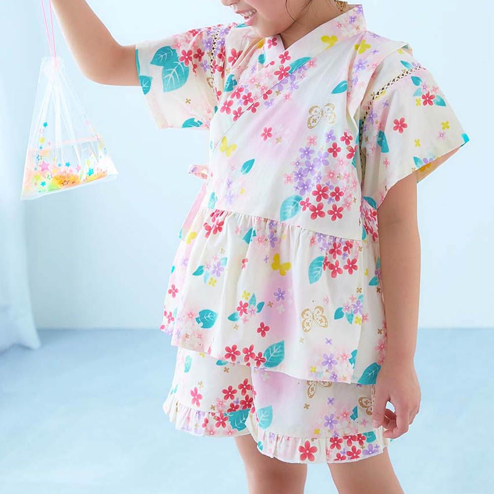 [推薦]夢幻女孩荷葉邊甚平套裝-小花-淺粉