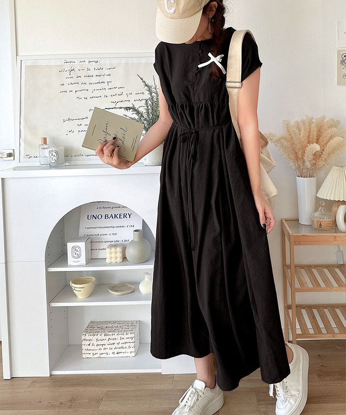 日本 Classical Elf - 前後2way清新腰綁帶短袖洋裝-米白