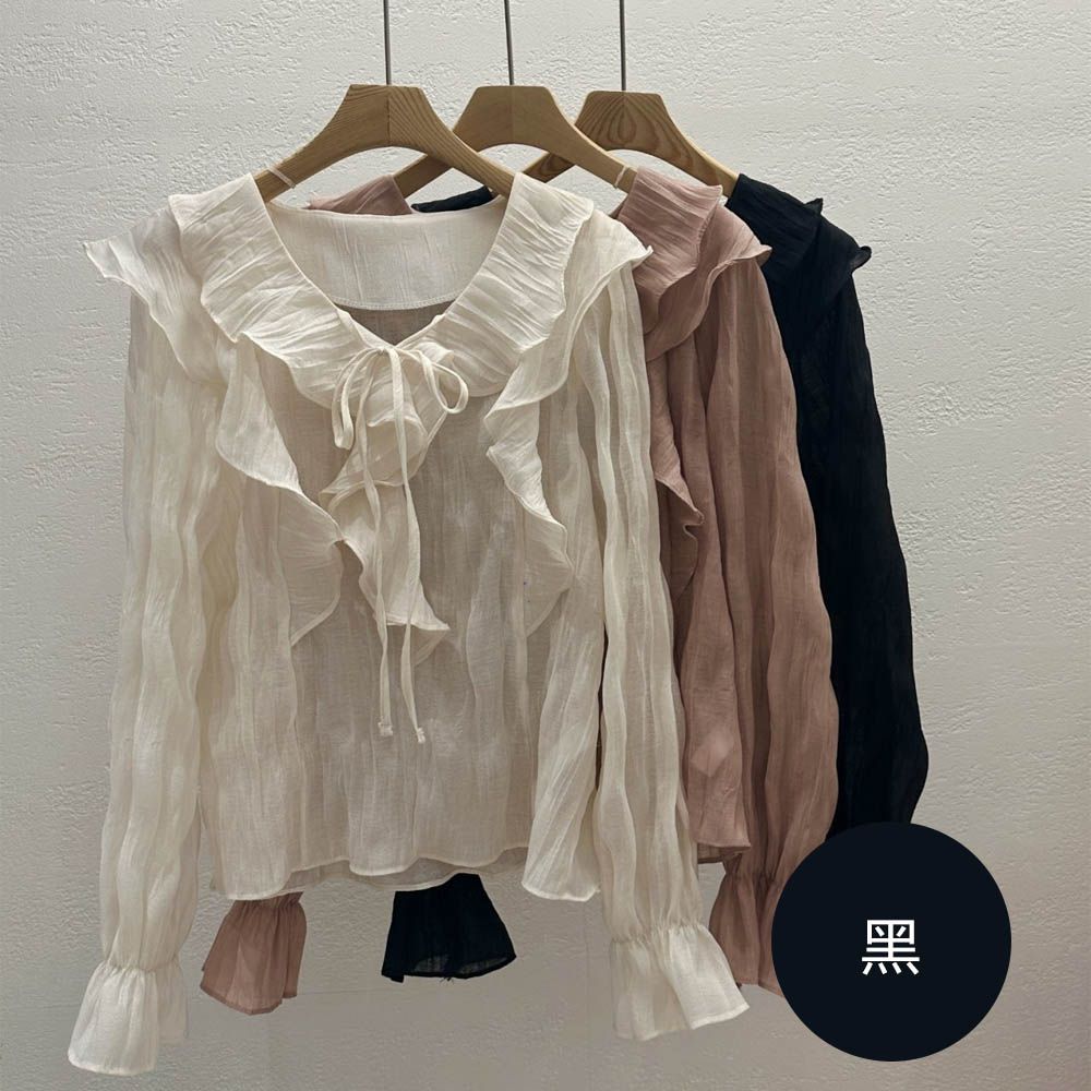 迷人波浪荷葉翻領雪紡襯衫-黑 (FREE)
