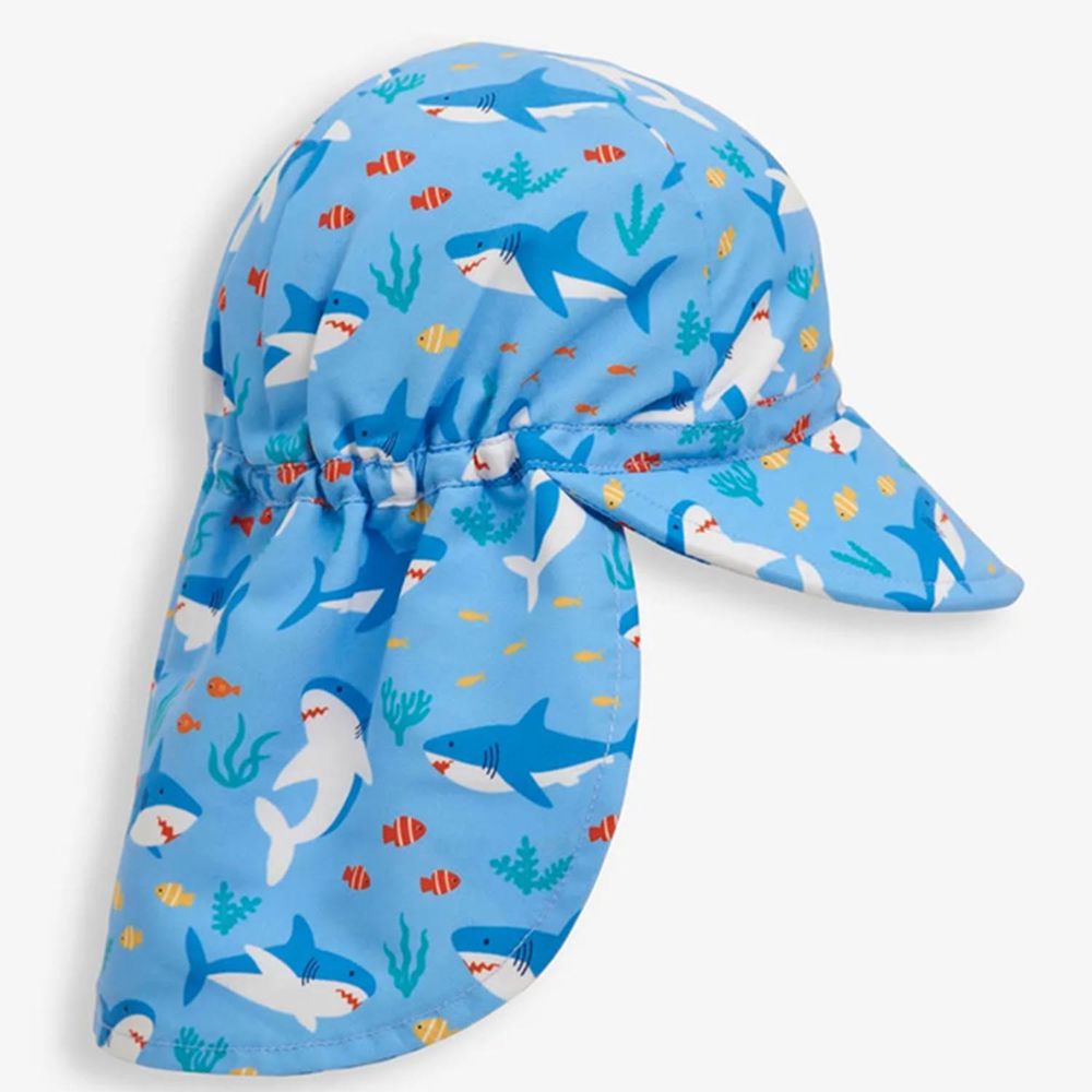 英國 JoJo Maman BeBe - 嬰幼兒/兒童UPF50+防曬護頸遮陽帽-鯊魚世界