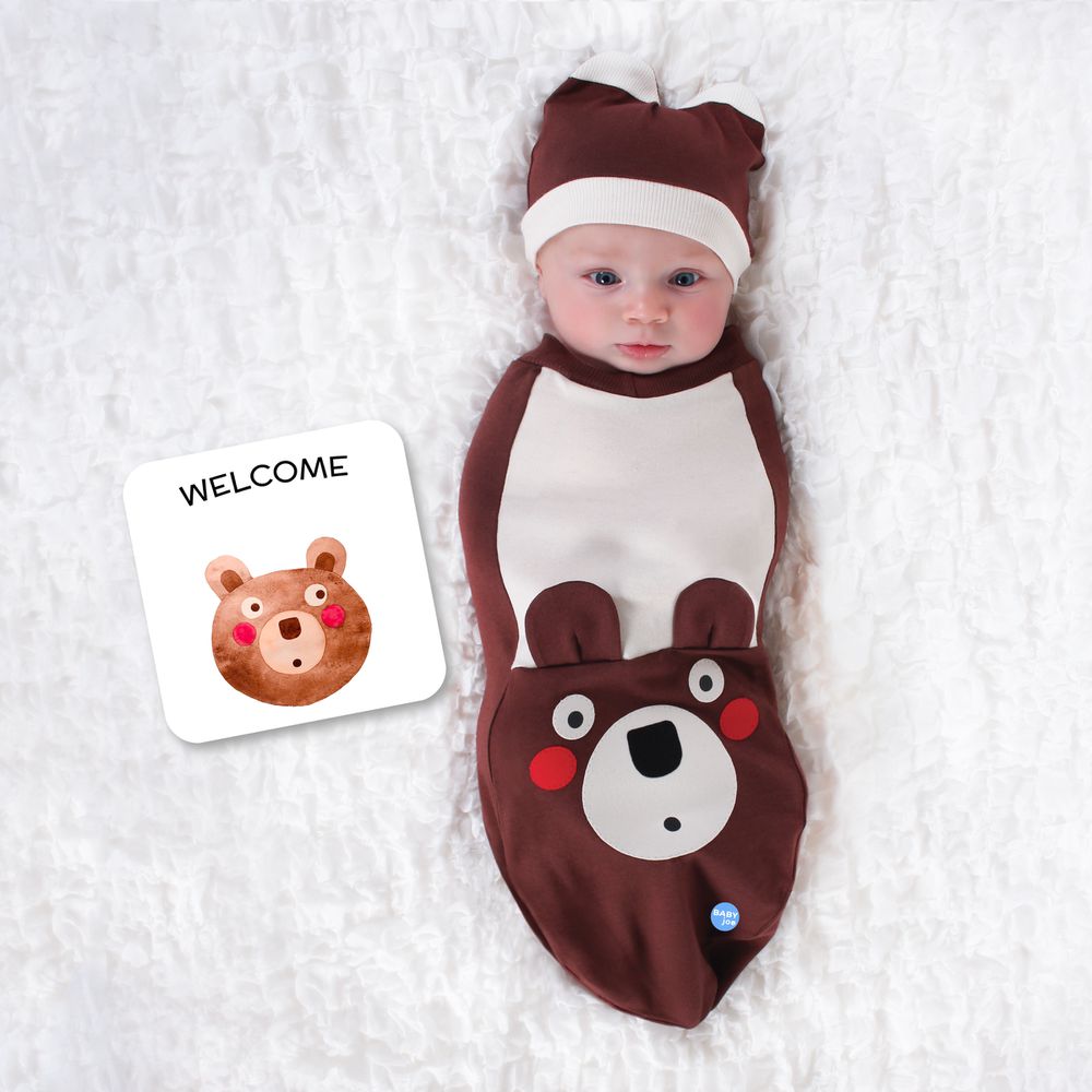BABYjoe - 美國製純棉手工新生彌月包巾套組-愣愣噠棕熊寶寶-棕色、咖啡色 (適合0-4個月或7公斤以下新生寶寶)-150g