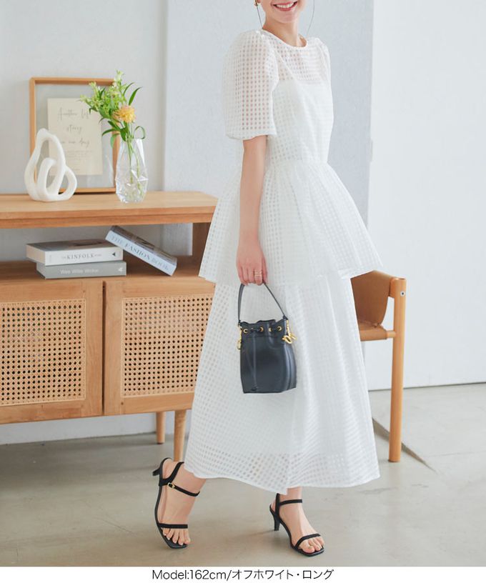 日本 Kobe Lettuce - 清爽透明格子鬆緊長裙(有口袋)-可選長度-米白