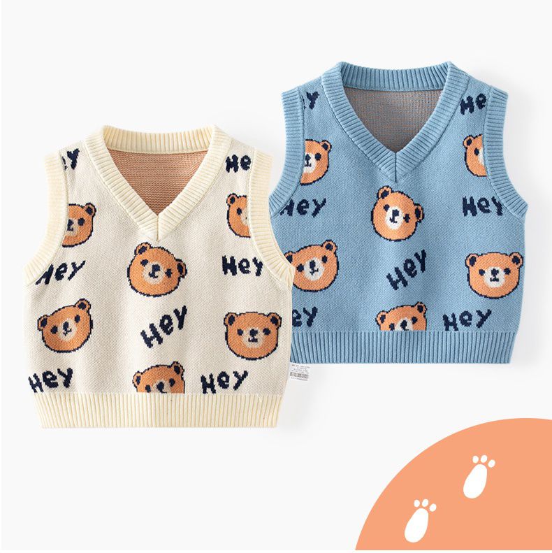 舒適V領百搭針織背心-Hey熊熊-藍色