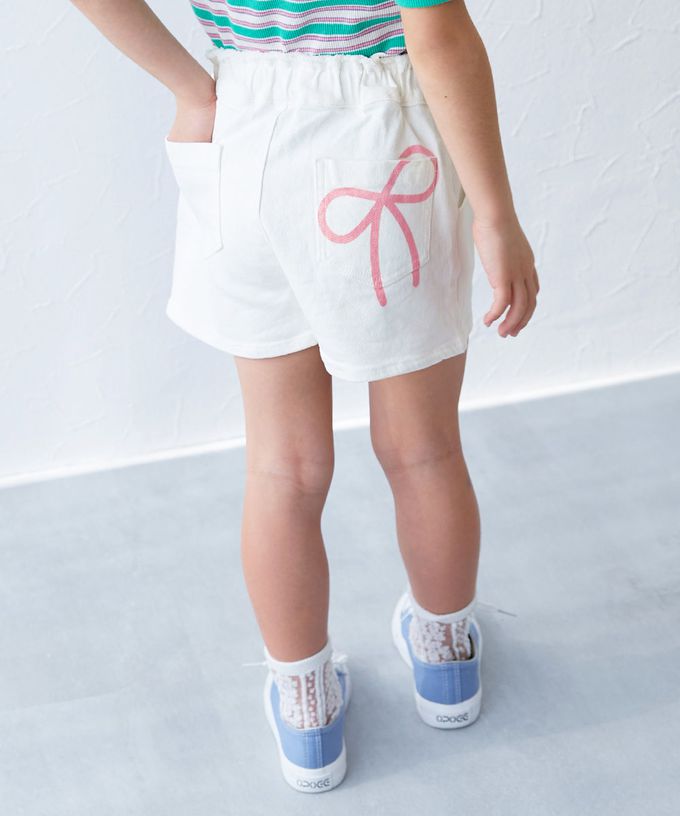 日本 devirock - Raku Denim蝴蝶結印花牛仔短褲-淺藍