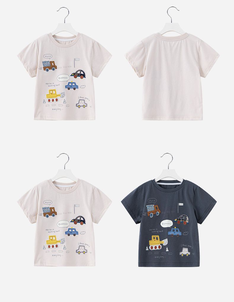 純棉圓領短袖上衣-小小汽車-杏色