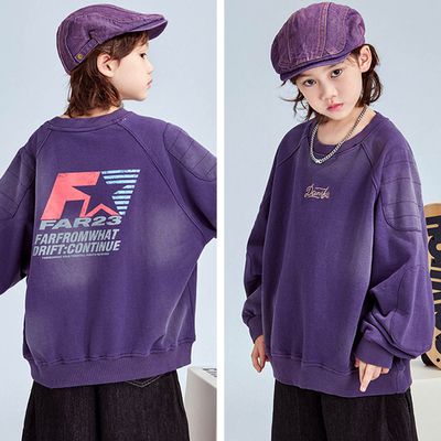 FULONGZAI - 純棉圓領寬鬆長袖上衣-袖拼布+後印花-紫色