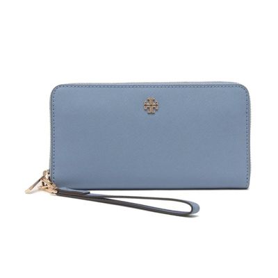 Tory Burch - 雙T-LOGO素面皮革長夾 (水藍)