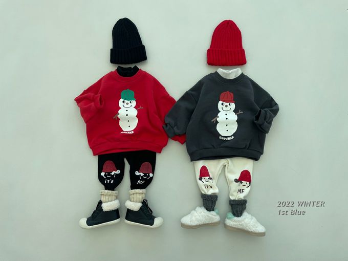 韓國 First Blue - 雪人圓領長袖上衣/聖誕節-紅