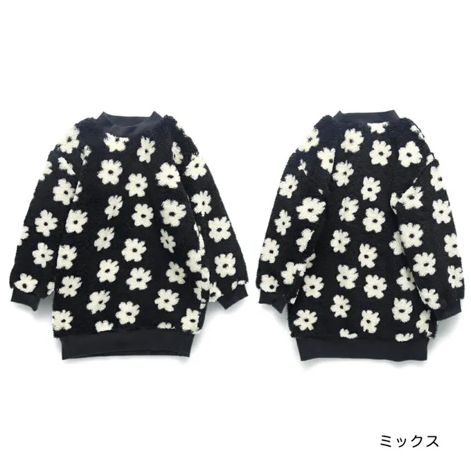 日本 BRANSHES - 泰迪熊雙面毛絨可愛長袖洋裝-黑白小花