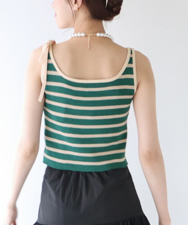 日本 BLUE EAST - 單邊綁帶條紋無袖上衣-綠