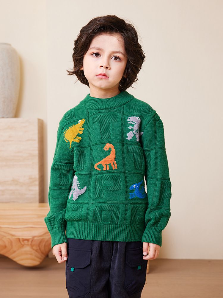 圓領保暖針織長袖上衣/毛衣-英文字恐龍-橘色