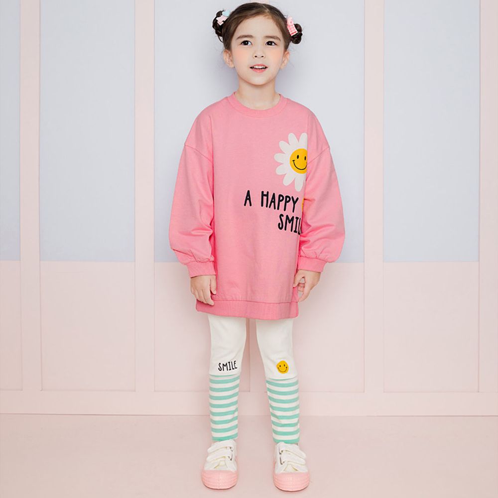 韓國 WALTON kids - 開心花朵長版T套裝-粉紅