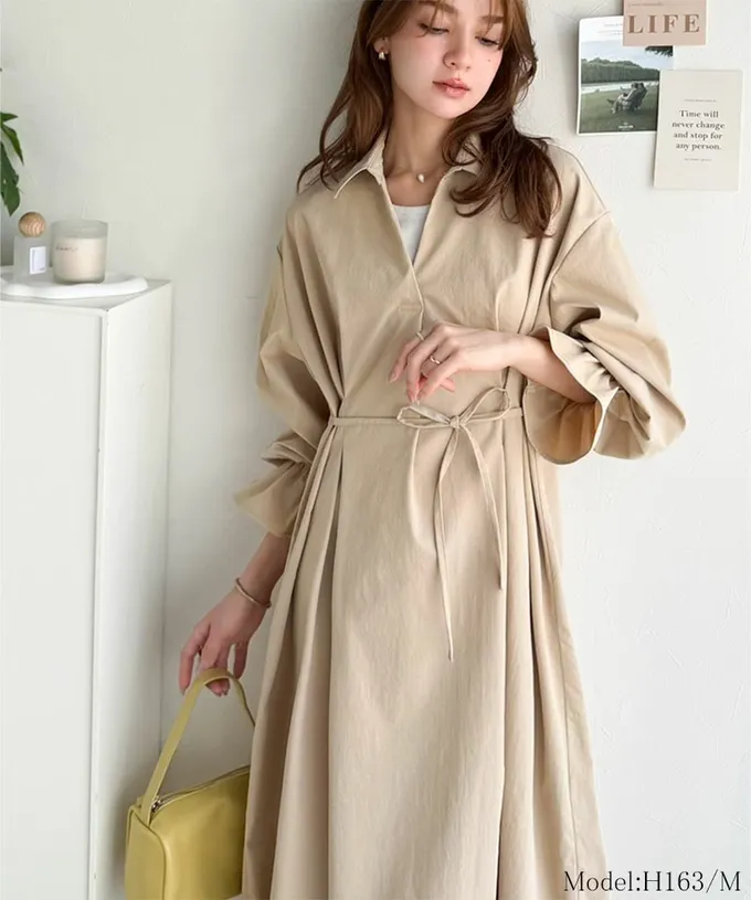 日本 Classical Elf - 糖果袖束腰修身立領長袖洋裝-黑