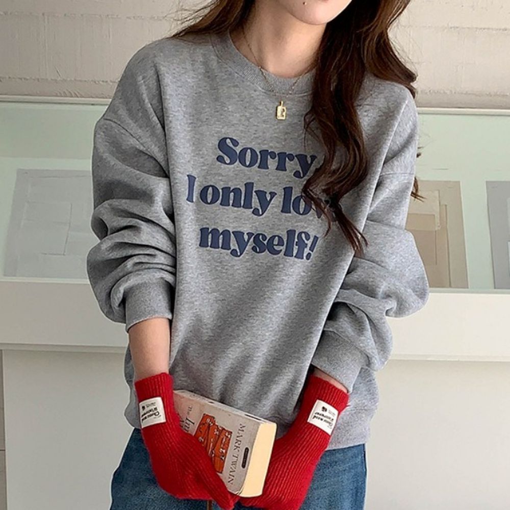 (加絨)長袖大學T-泡泡文字點綴-灰 (F)